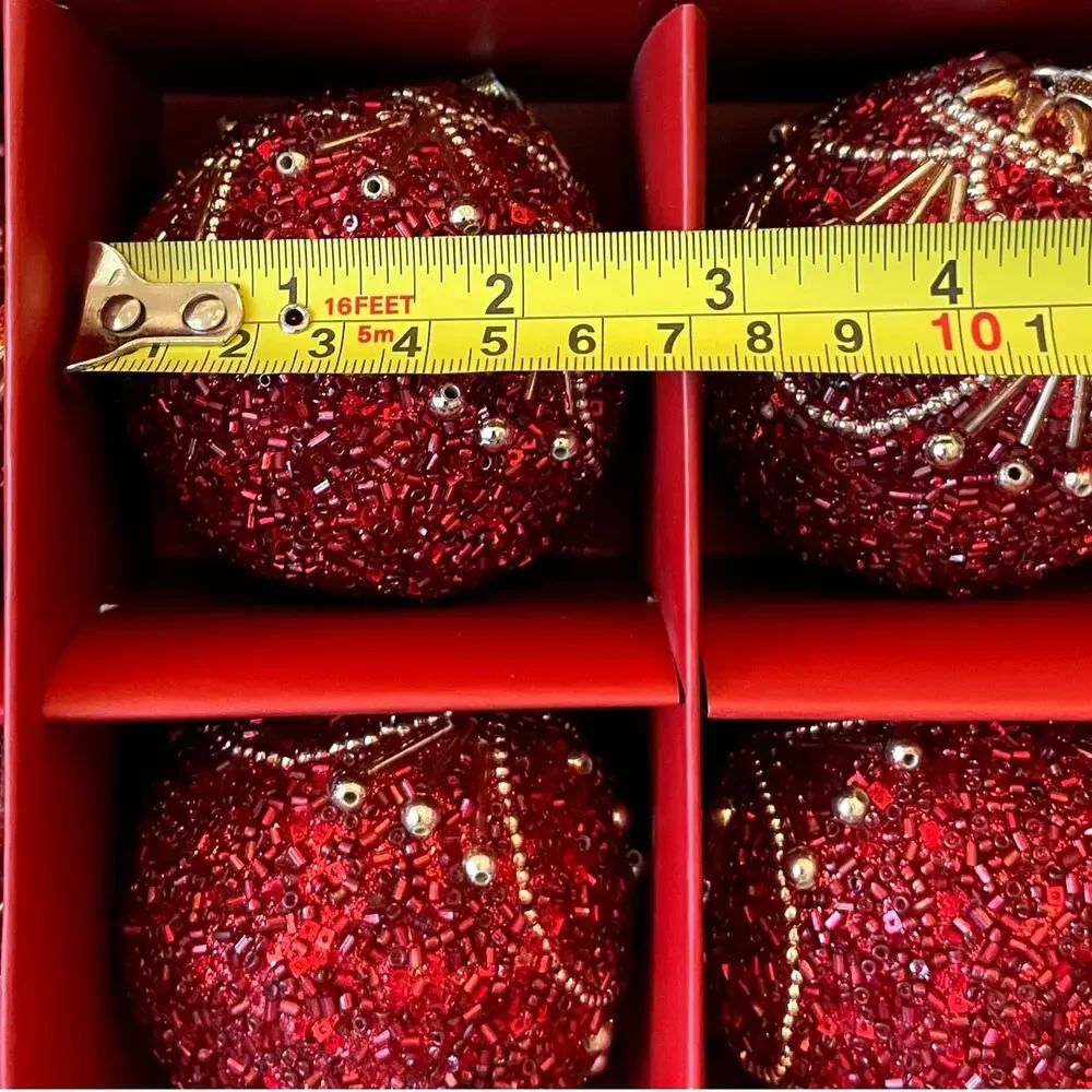 Bella Lux Red Gold Beaded Christmas Ornaments 2.5in Set of 6 Holiday Glam NEW